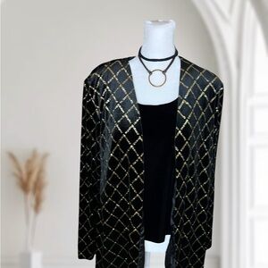 J.B.S. LTD. Petite 10P Vintage Velvet Metallic Grid Open Front Jacket